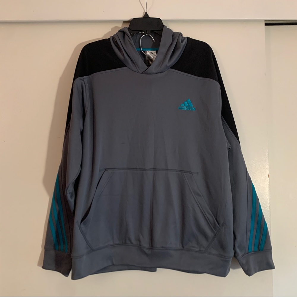 NWT Adidas climawarm gray, black, teal hoodie with reinforced front pocket